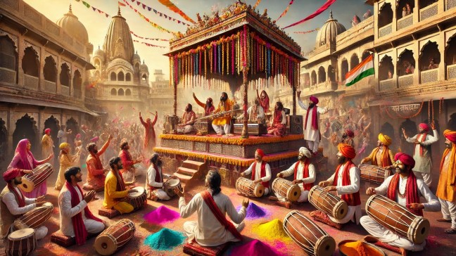 People enjoying Holi festival by playing with colour and singing songs.